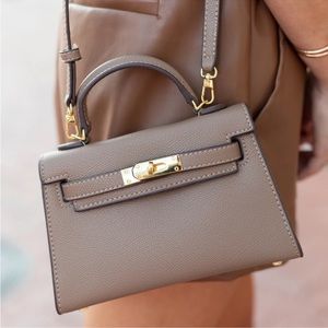 Top Handle Leather Handbag with Gold Hardware